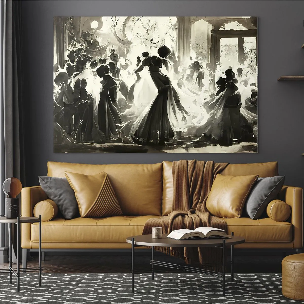 Glasbild - Bild auf glas - Eine Ballsaalszene im Retro-Stil mit tanzenden Figuren - 70x50cm - Die große Maskerade - Moderne Wanddekoration für Wohnzimmer und Schlafzimmer ARTTOR
