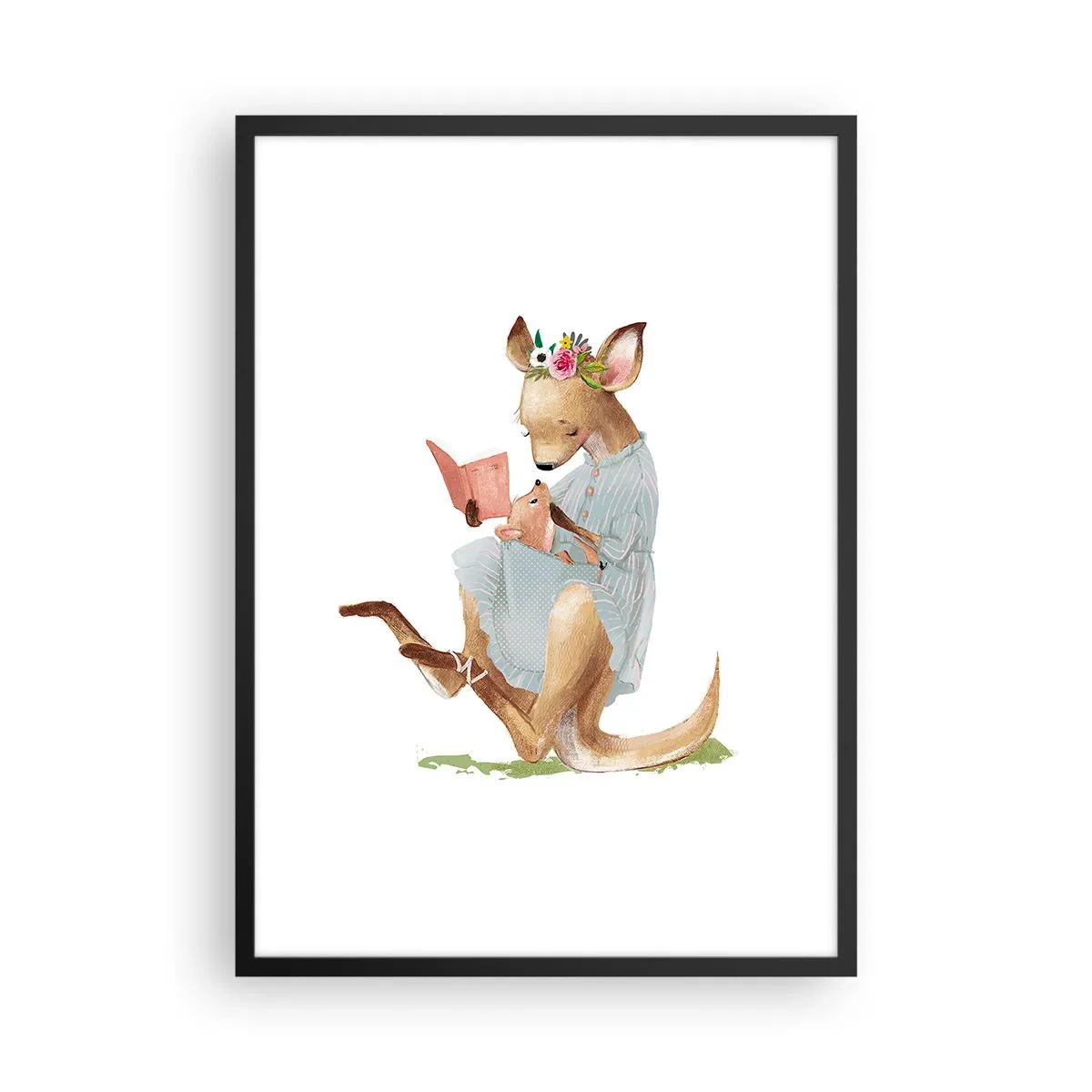 Poster in einem schwarzem Rahmen - Ein Känguru liest mit einem Kind im künstlerischen Stil ein Buch. - 50x70cm - Lies mir vor Mama - Moderne Wanddekoration für Wohnzimmer und Schlafzimmer ARTTOR