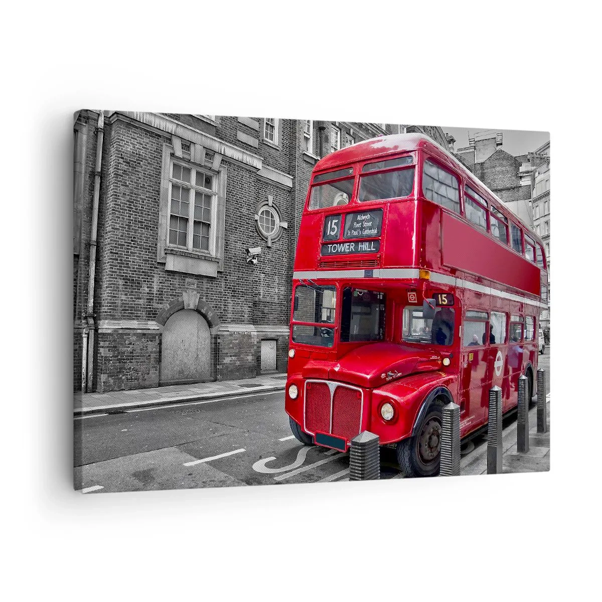 Bild auf Leinwand - Leinwandbild - Ein roter Doppeldeckerbus in London vor der Kulisse klassischer Architektur - 70x50cm - Immer gleich - Moderne Wanddekoration für Wohnzimmer und Schlafzimmer ARTTOR