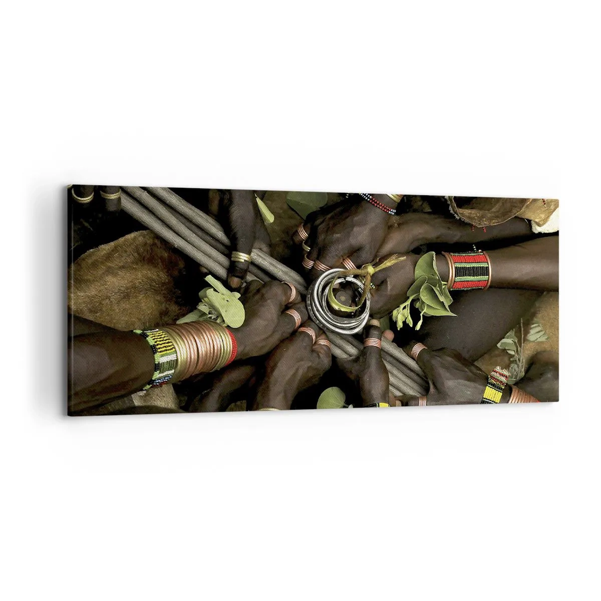 Bild auf Leinwand - Leinwandbild - Traditionelle Handarmbänder in einer Gruppe von Händen - 120x50cm - Wir sind zusammen - Moderne Wanddekoration für Wohnzimmer und Schlafzimmer ARTTOR