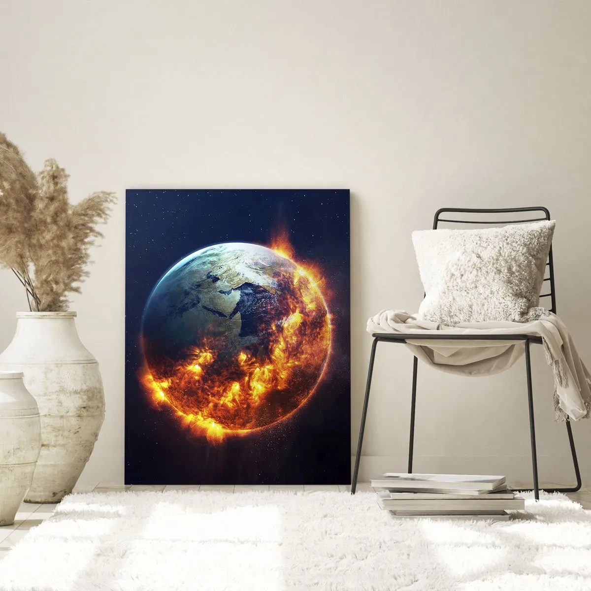 Glasbild - Bild auf glas - Erde im Weltraum von Flammen umgeben - 50x70cm - Die Flamme der Apokalypse - Moderne Wanddekoration für Wohnzimmer und Schlafzimmer ARTTOR