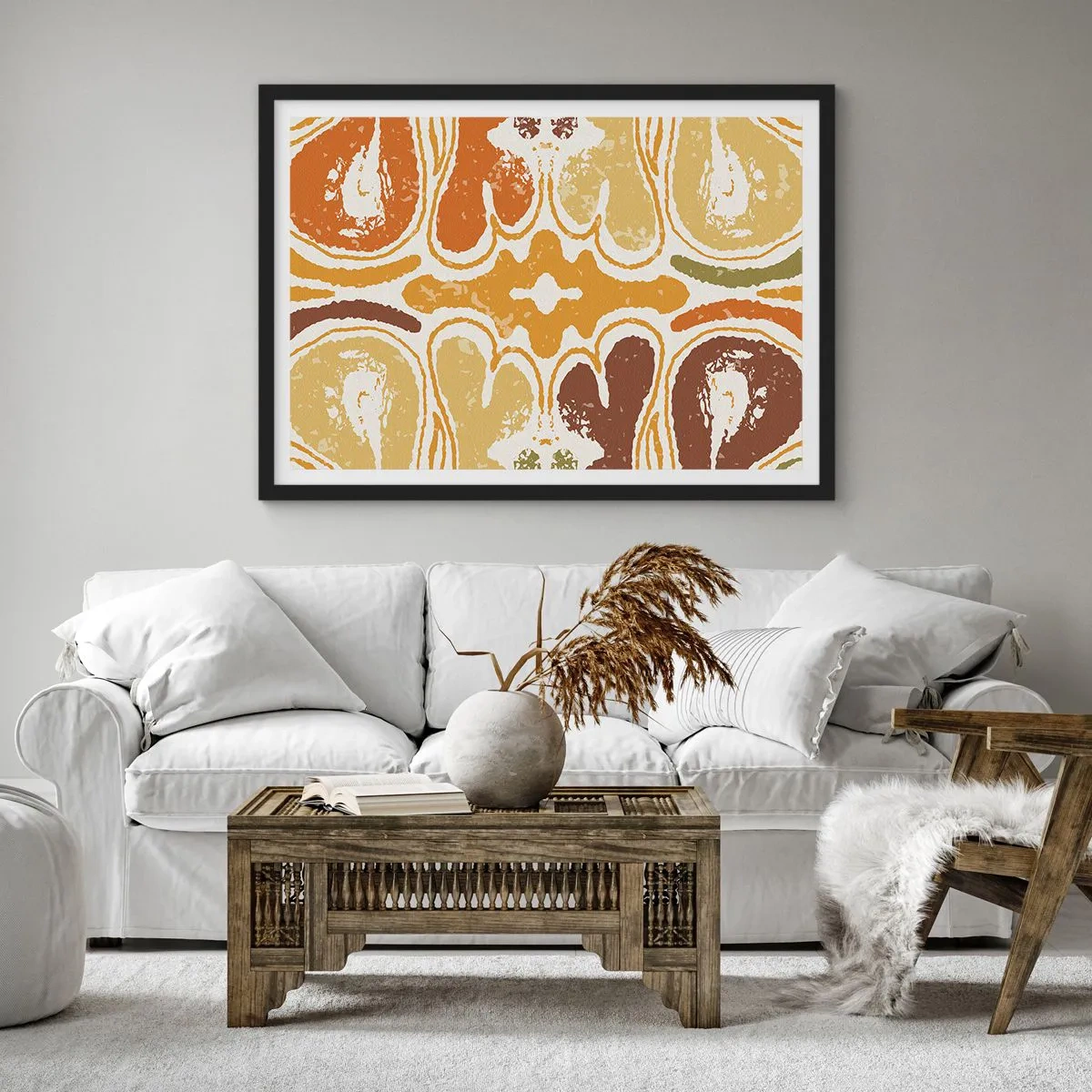 Poster in einem schwarzem Rahmen - Warme abstrakte Muster in Gelb- und Brauntönen - 100x70cm - Sentimentale Abstraktion - Moderne Wanddekoration für Wohnzimmer und Schlafzimmer ARTTOR