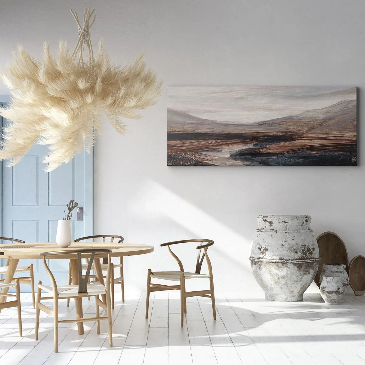 Bild auf Leinwand - Leinwandbild - Eine malerische Landschaft mit Fluss und Bergen - 160x50cm - Ruhiges Tal - Moderne Wanddekoration für Wohnzimmer und Schlafzimmer ARTTOR