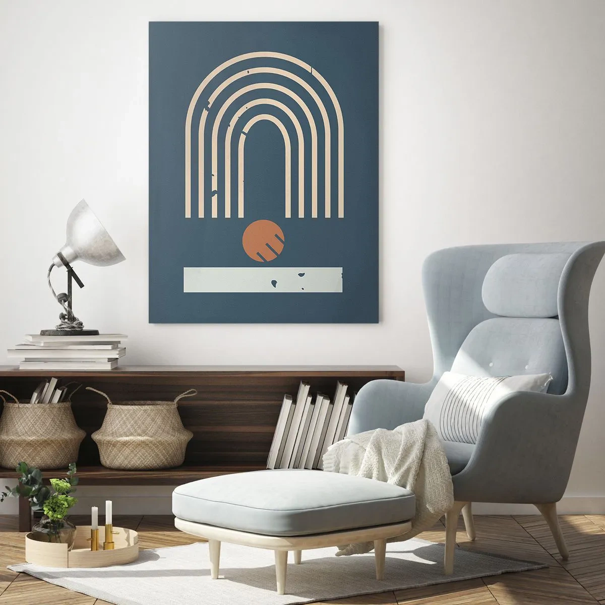 Glasbild - Bild auf glas - Geometrisches Muster in Marineblau-, Beige- und Orangetönen auf dunklem Hintergrund - 70x100cm - Geometrie auf dem Granatapfel - Moderne Wanddekoration für Wohnzimmer und Schlafzimmer ARTTOR