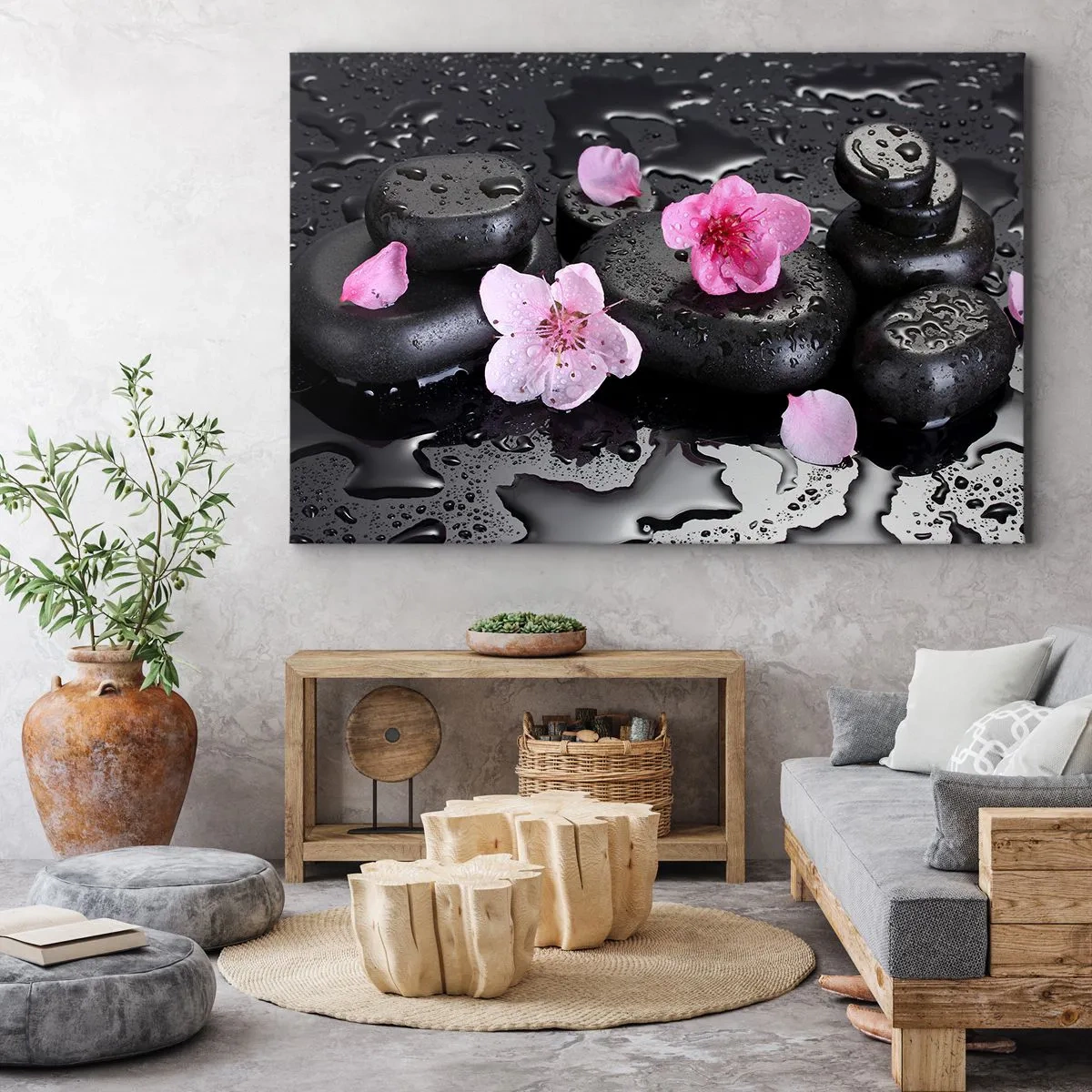 Bild auf Leinwand - Leinwandbild - Schwarze Steine und rosa Blumen im Spa-Stil - 70x50cm - Und der Stein fällt vom Herzen - Moderne Wanddekoration für Wohnzimmer und Schlafzimmer ARTTOR