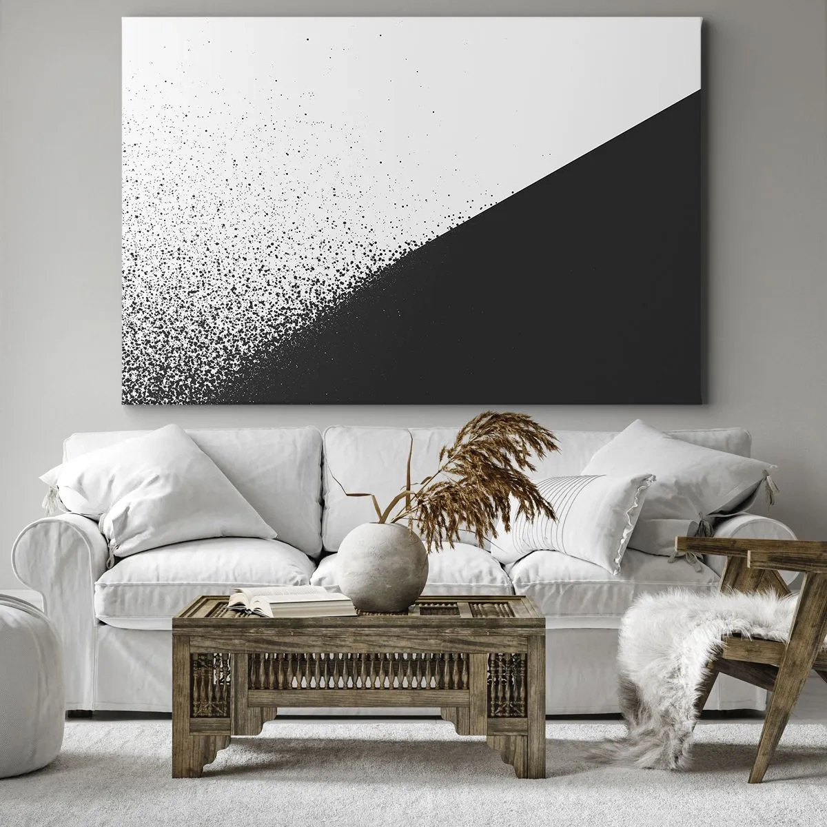 Bild auf Leinwand - Leinwandbild - Minimalistische Abstraktion in Schwarz und Weiß mit verstreuten Punkten - 100x70cm - Immer schneller, immer mehr - Moderne Wanddekoration für Wohnzimmer und Schlafzimmer ARTTOR