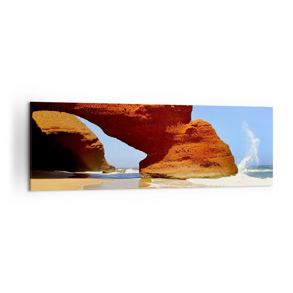 Bild auf Leinwand - Leinwandbild - Ein natürlicher Felsbogen an einem Strand mit blauem Himmel und Wellen - 160x50cm - Wasser und Wind seit Tausenden von Jahren - Moderne Wanddekoration für Wohnzimmer und Schlafzimmer ARTTOR