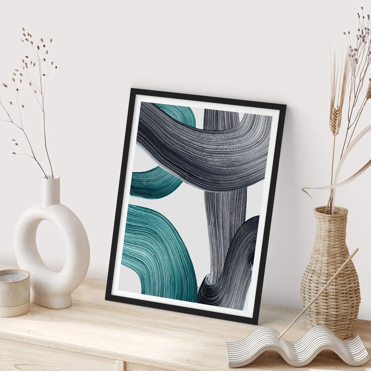 Poster in einem schwarzem Rahmen - Smaragdgrüne und schwarze Pfade - 70x100 cm