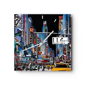 Wanduhr - Glasuhr - Eine geschäftige Stadt mit bunten Werbetafeln und gelben Taxis - 30x30cm - Comicbuch große Nacht - Moderne Wanddekoration für Wohnzimmer und Schlafzimmer ARTTOR