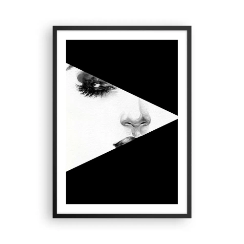 Poster in einem schwarzem Rahmen - Ein minimalistisches Frauenporträt in Schwarzweiß mit geometrischer Aufteilung. - 50x70cm - Immer unentdeckt - Moderne Wanddekoration für Wohnzimmer und Schlafzimmer ARTTOR