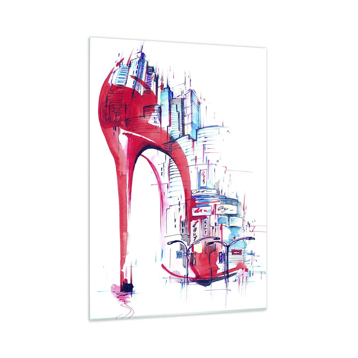 Glasbild - Bild auf glas - Roter Stiletto mit urbanem Architekturmotiv - 50x70cm - Ein Großstadt-Dandy - Moderne Wanddekoration für Wohnzimmer und Schlafzimmer ARTTOR