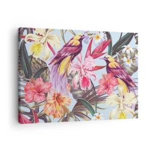 Bild auf Leinwand - Leinwandbild - Exotische Vögel zwischen tropischen Blumen - 70x50cm - Blütenblätter und Federn - Moderne Wanddekoration für Wohnzimmer und Schlafzimmer ARTTOR