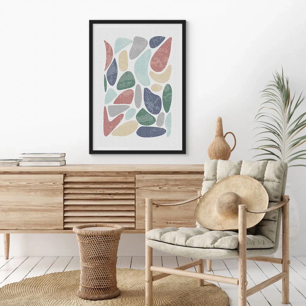 Poster in einem schwarzem Rahmen - Abstrakte Steine in Pastelltönen - 50x70cm - Mosaik aus pulverförmigen Farben - Moderne Wanddekoration für Wohnzimmer und Schlafzimmer ARTTOR