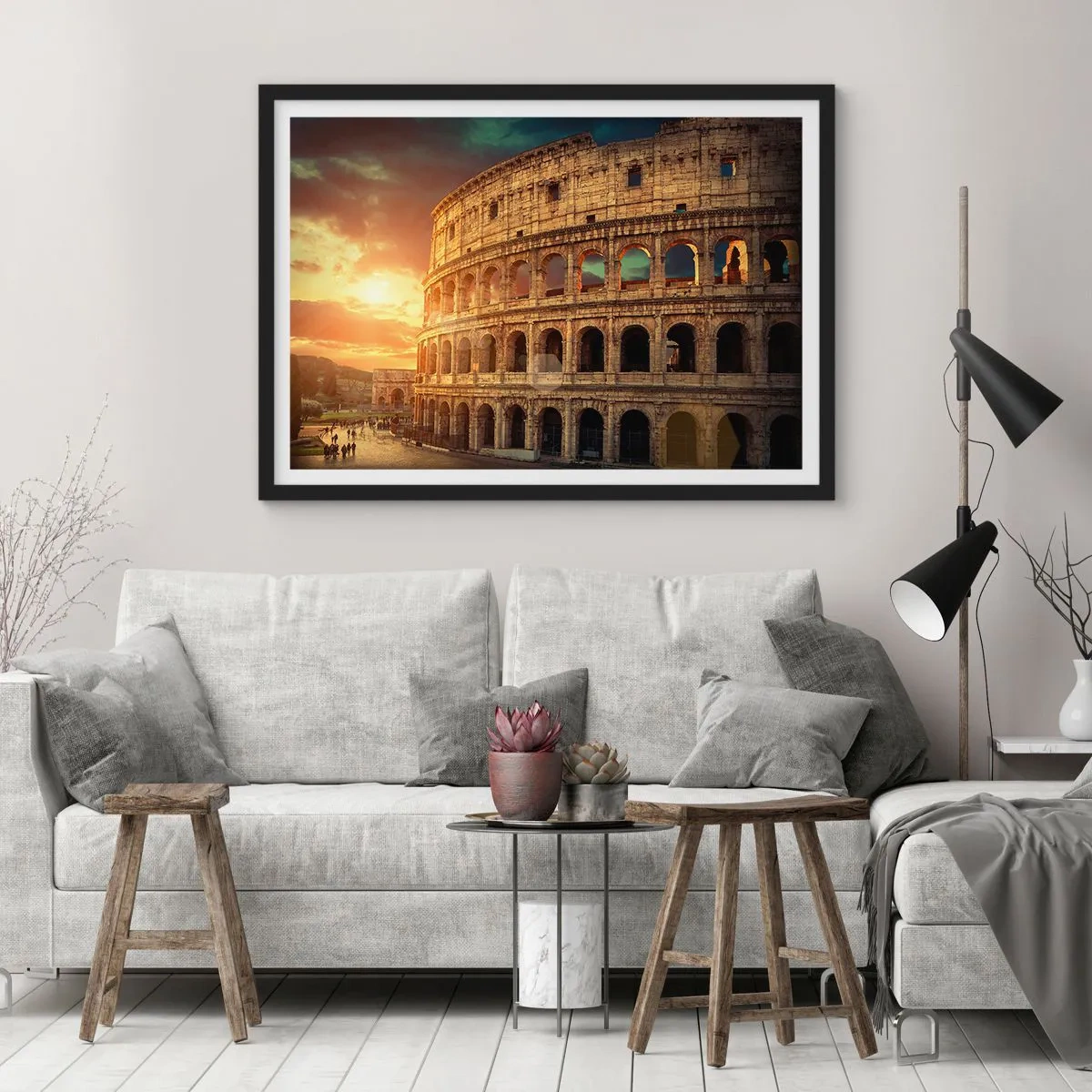 Poster in einem schwarzem Rahmen - Das Kolosseum in Rom bei Sonnenuntergang - 100x70cm - Ein kolossaler Eindruck - Moderne Wanddekoration für Wohnzimmer und Schlafzimmer ARTTOR