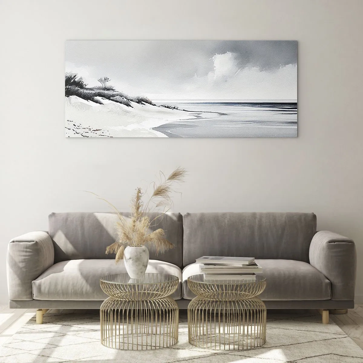 Glasbild - Bild auf glas - Ein Strand in gedämpften Grau- und Blautönen - 120x50cm - Für immer zusammen - Moderne Wanddekoration für Wohnzimmer und Schlafzimmer ARTTOR