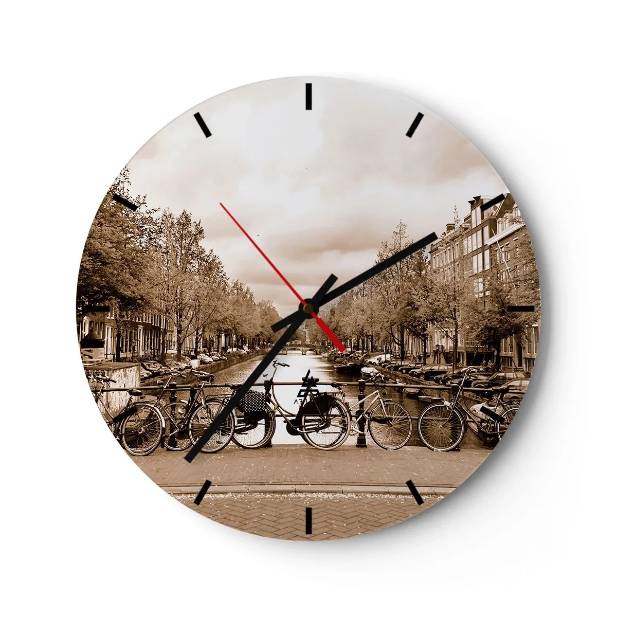 Wanduhr - Glasuhr - Sepia Bike Channel - 30x30cm - Niederländische Atmosphäre - Moderne Wanddekoration für Wohnzimmer, Küche und Schlafzimmer ARTTOR