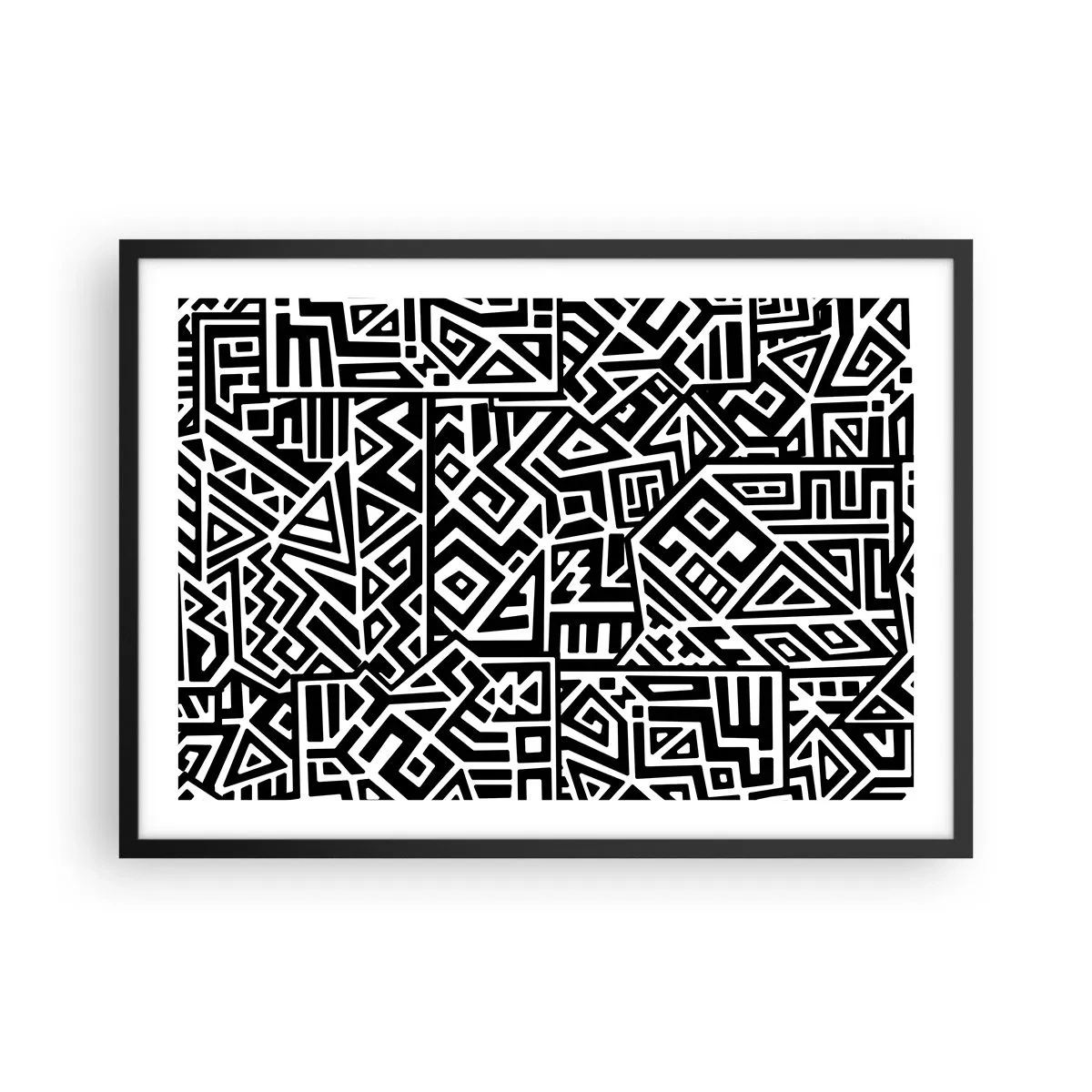 Poster in einem schwarzem Rahmen - Schwarz-weiße geometrische Muster, inspiriert von der präkolumbianischen Kultur - 70x50cm - Präkolumbianische Komposition - Moderne Wanddekoration für Wohnzimmer und Schlafzimmer ARTTOR