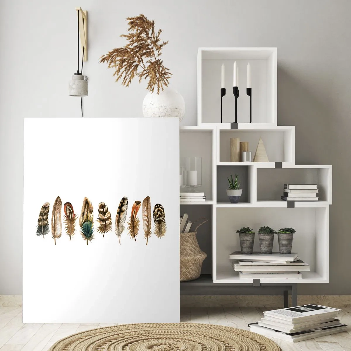 Glasbild - Bild auf glas - Eine Komposition aus bunten Federn auf weißem Hintergrund - 50x70cm - Eine federleichte Variante - Moderne Wanddekoration für Wohnzimmer und Schlafzimmer ARTTOR