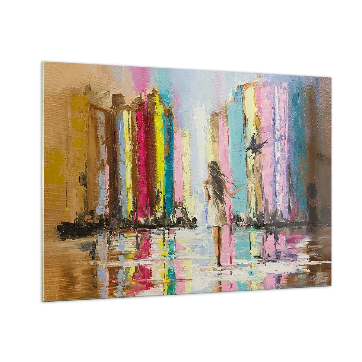 Glasbild - Bild auf glas - Eine Frau mit einem Vogel im Hintergrund bunter Gebäude - 100x70cm - Folge mir - Moderne Wanddekoration für Wohnzimmer und Schlafzimmer ARTTOR