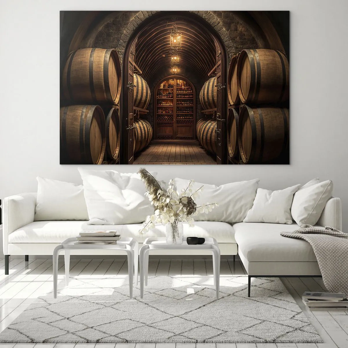 Glasbild - Bild auf glas - Ein Weinberg mit Fässern und einem beleuchteten Keller voller Flaschen - 70x50cm - Stimmungsvoller Keller - Moderne Wanddekoration für Wohnzimmer und Schlafzimmer ARTTOR