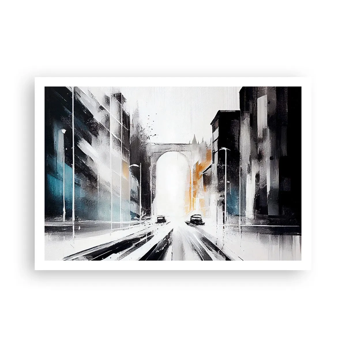 Poster - Abstraktes Stadtpanorama mit einer Bogenbrücke - 100x70cm - Stadtstudie: Architektur und Bewegung - Moderne Wanddekoration für Wohnzimmer und Schlafzimmer ARTTOR