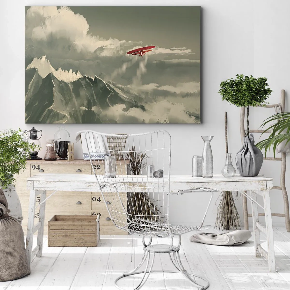 Bild auf Leinwand - Leinwandbild - Rotes Flugzeug über schneebedeckten Bergen - 70x50cm - Furchtloser Pionier - Moderne Wanddekoration für Wohnzimmer und Schlafzimmer ARTTOR