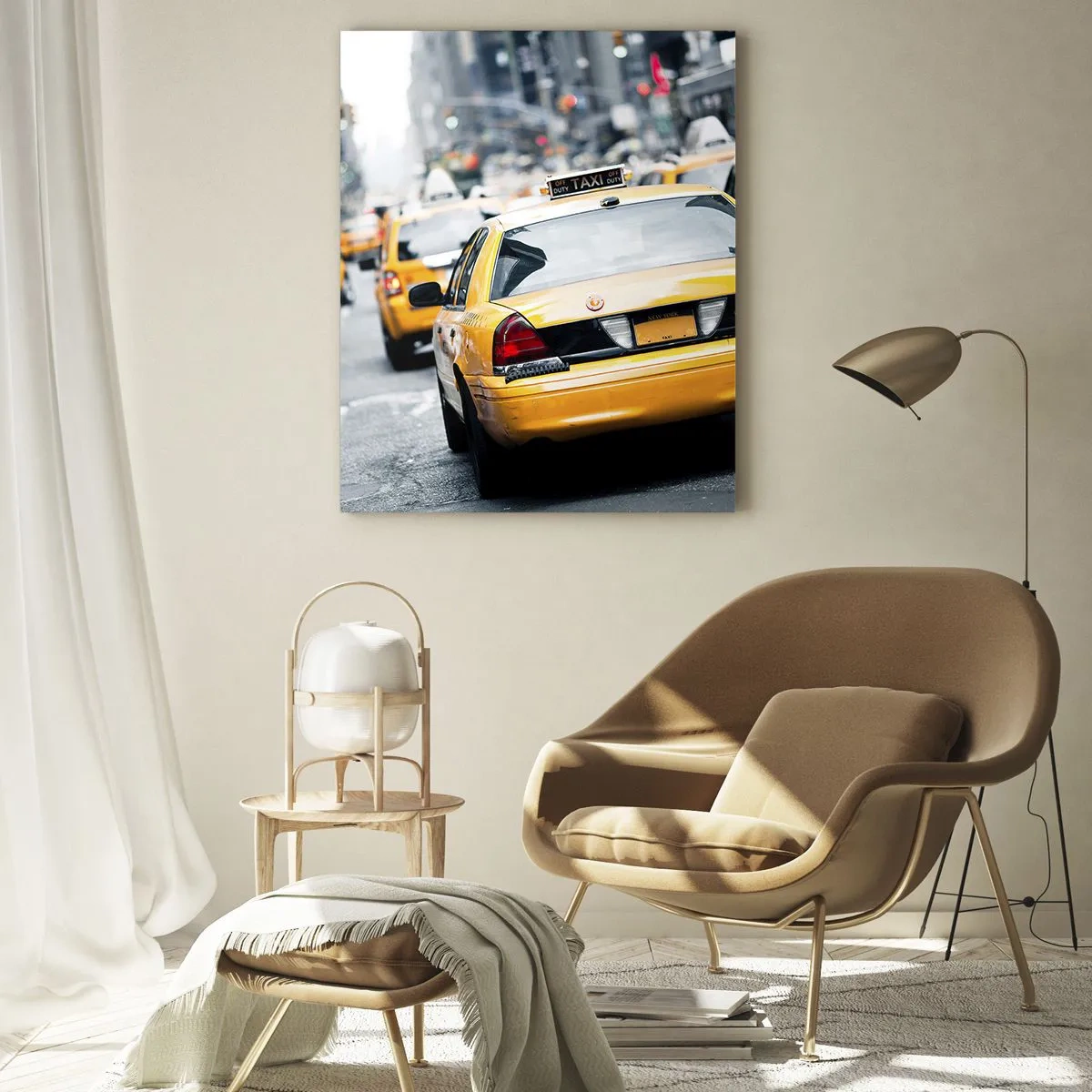 Glasbild - Bild auf glas - Gelbe Taxis auf den Straßen von New York im Großstadttrubel - 50x70cm - Nur in dieser Stadt - Moderne Wanddekoration für Wohnzimmer und Schlafzimmer ARTTOR