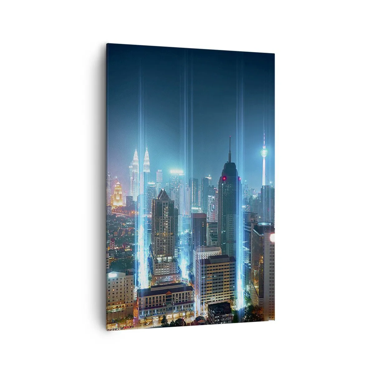 Bild auf Leinwand - Leinwandbild - Eine moderne Stadt bei Nacht mit futuristischen Lichtakzenten. - 80x120cm - Auf Berliner Art gegen den Himmel - Moderne Wanddekoration für Wohnzimmer und Schlafzimmer ARTTOR