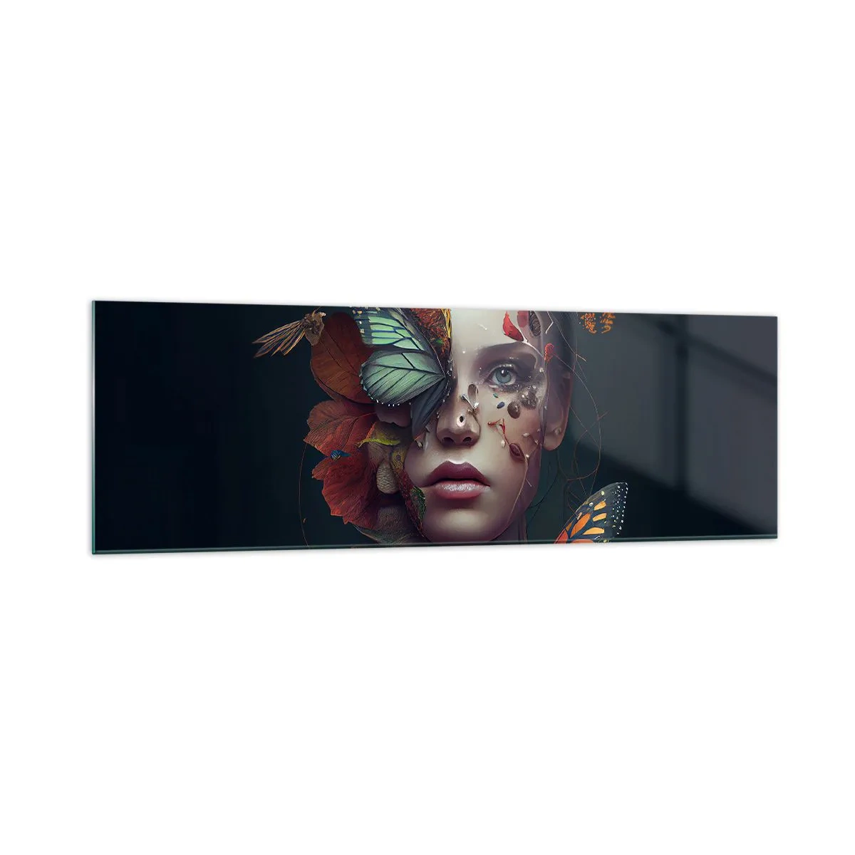 Glasbild - Bild auf glas - Porträt einer Frau mit Schmetterlingen und Pflanzenelementen - 160x50cm - Wunderbare Metamorphose - Moderne Wanddekoration für Wohnzimmer und Schlafzimmer ARTTOR