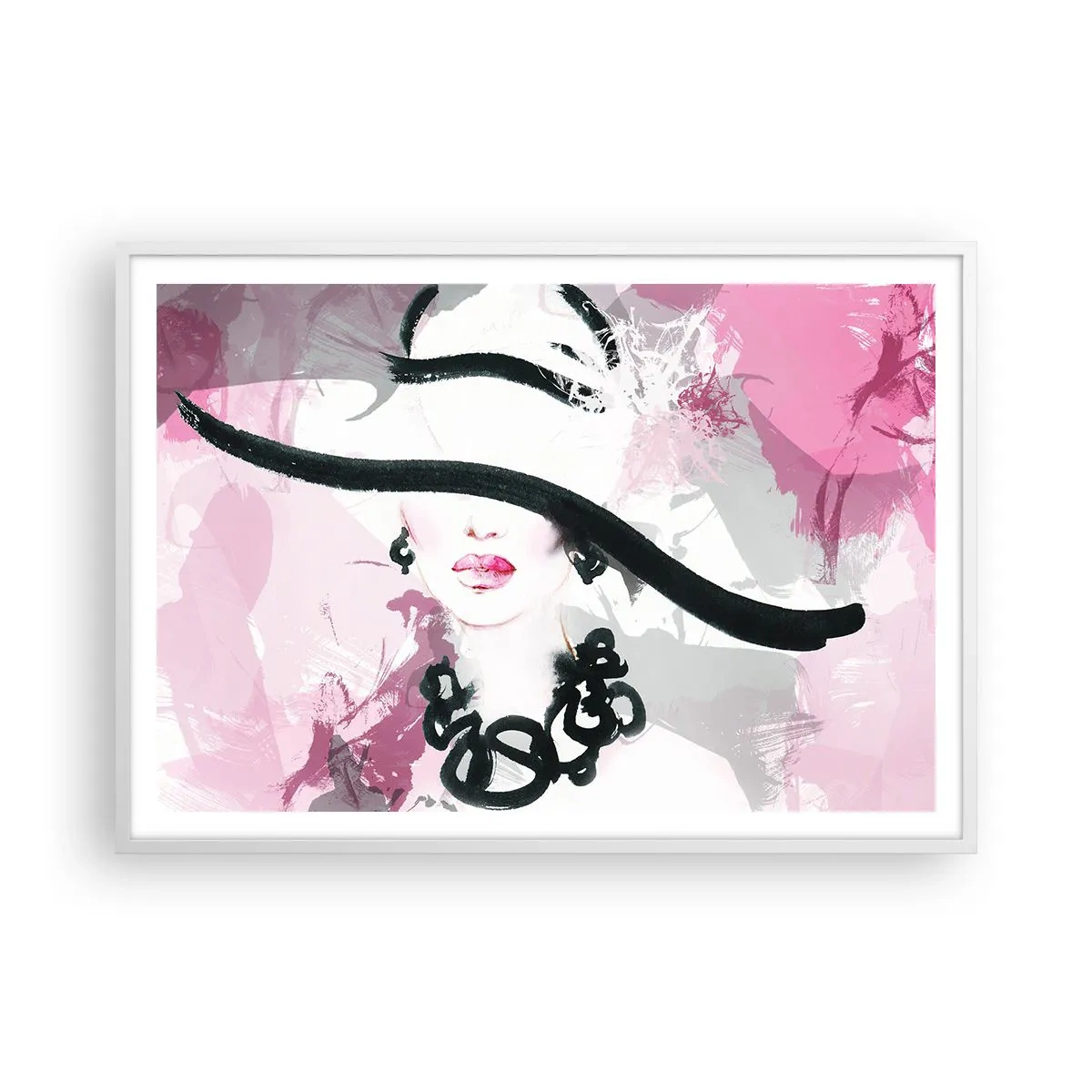 Poster in einem weißen Rahmen - Bildnis einer Dame in Schwarz und Pink - 100x70 cm