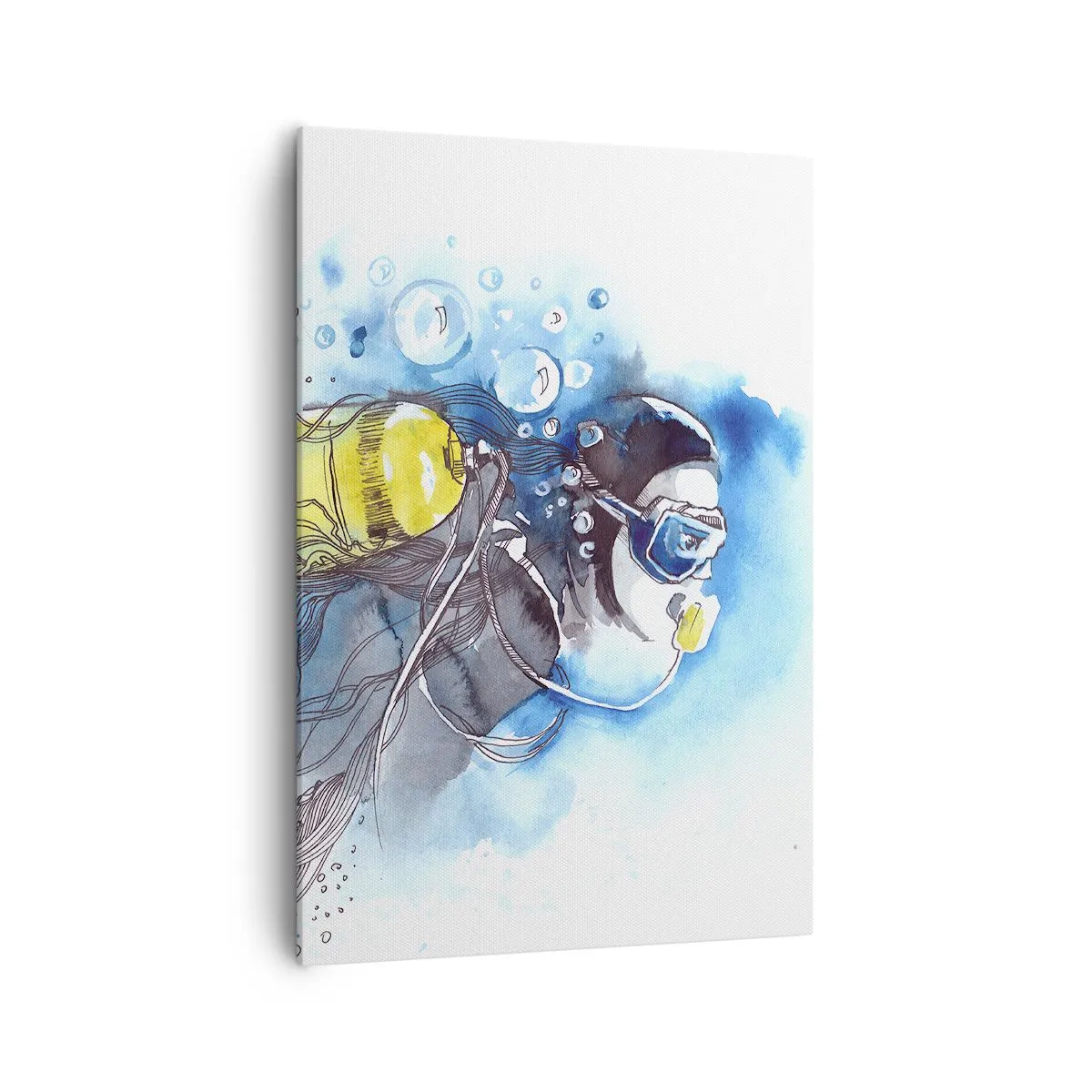 Bild auf Leinwand - Leinwandbild - Unterwasserszene mit einem Taucher und exotischen Fischen - 70x100cm - Tolles Blau - Moderne Wanddekoration für Wohnzimmer und Schlafzimmer ARTTOR