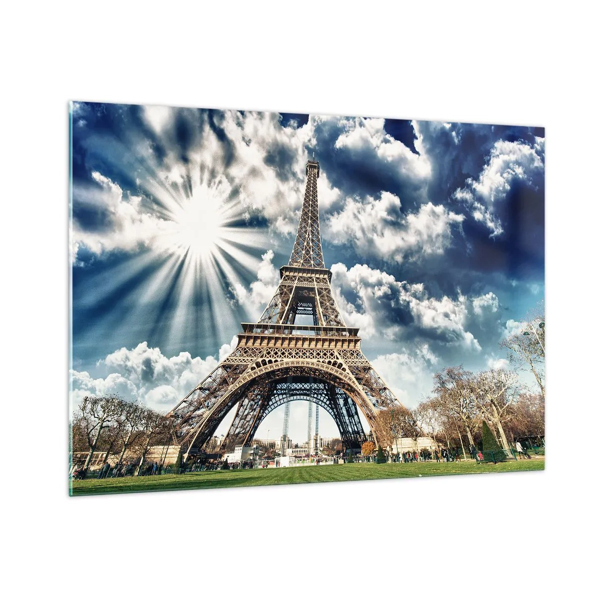 Glasbild - Bild auf glas - Der Eiffelturm vor einem strahlenden Himmel - 100x70cm - Die Einzige unter der Sonne - Moderne Wanddekoration für Wohnzimmer und Schlafzimmer ARTTOR