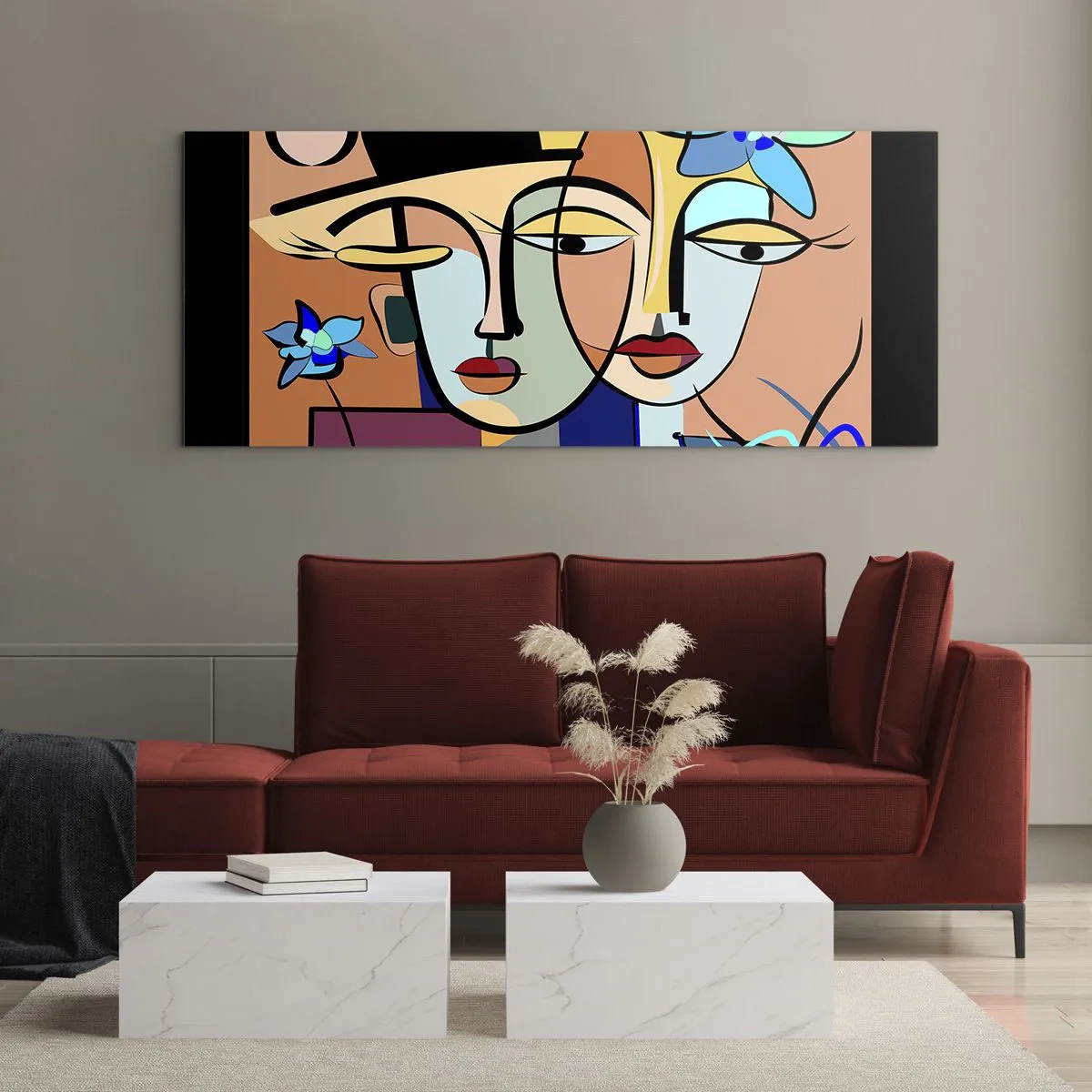 Glasbild - Bild auf glas - Kubistische Porträts in leuchtenden Farben mit floralem Motiv - 120x50cm - Picassos randez vous - Moderne Wanddekoration für Wohnzimmer und Schlafzimmer ARTTOR