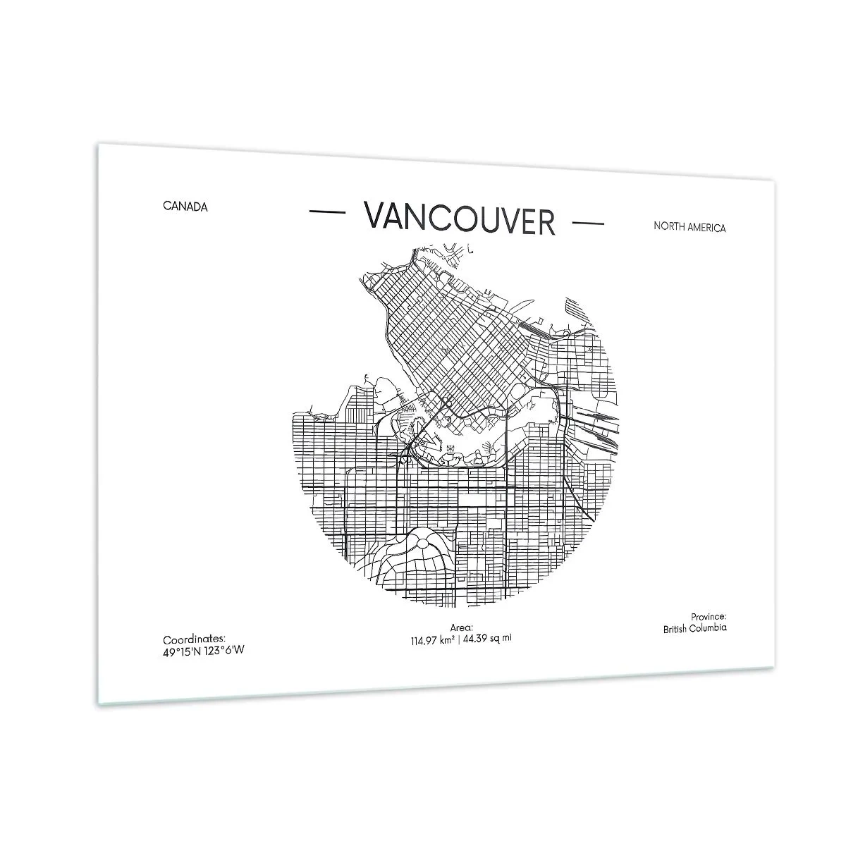 Glasbild - Bild auf glas - Schwarz-weißer Straßenplan von Vancouver - 100x70cm - Anatomie von Vacouver - Moderne Wanddekoration für Wohnzimmer und Schlafzimmer ARTTOR