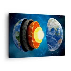 Bild auf Leinwand - Leinwandbild - Ein Querschnitt der Erde, der ihre Schichten im Weltraum zeigt. - 70x50cm - Reise zum Mittelpunkt der Erde - Moderne Wanddekoration für Wohnzimmer und Schlafzimmer ARTTOR