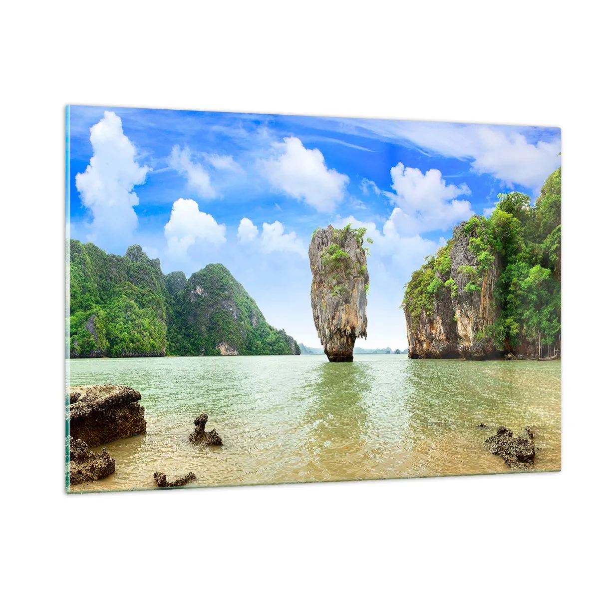Glasbild - Bild auf glas - Ein Felsen im Wasser, umgeben von tropischen Inseln - 120x80cm - Felsige Wunder der Natur - Moderne Wanddekoration für Wohnzimmer und Schlafzimmer ARTTOR