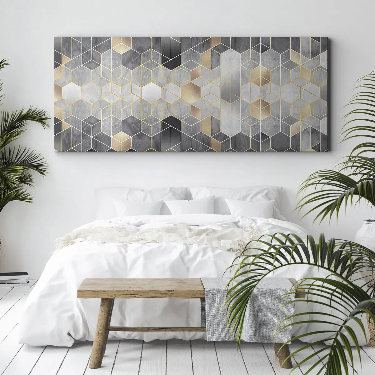 Bild auf Leinwand - Leinwandbild - Geometrisches Muster in goldenen Farbtönen - 160x50cm - Diamant-Komposition - Moderne Wanddekoration für Wohnzimmer und Schlafzimmer ARTTOR
