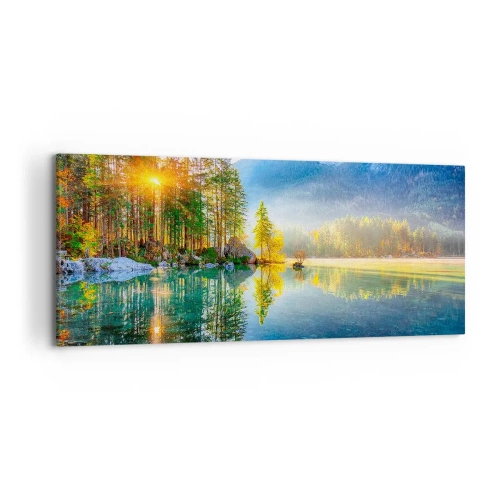 Bild auf Leinwand - Leinwandbild - Ein See, umgeben von Bergen und Wäldern in den Strahlen der Sonne - 120x50cm - Majestät und Süße - Moderne Wanddekoration für Wohnzimmer und Schlafzimmer ARTTOR