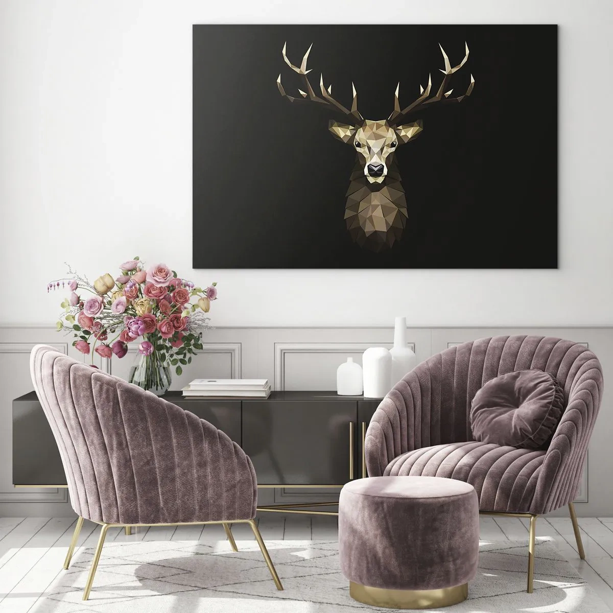 Glasbild - Bild auf glas - Geometrischer Hirsch auf schwarzem Hintergrund - 120x80cm - Kubistischer Hirsch - Moderne Wanddekoration für Wohnzimmer und Schlafzimmer ARTTOR