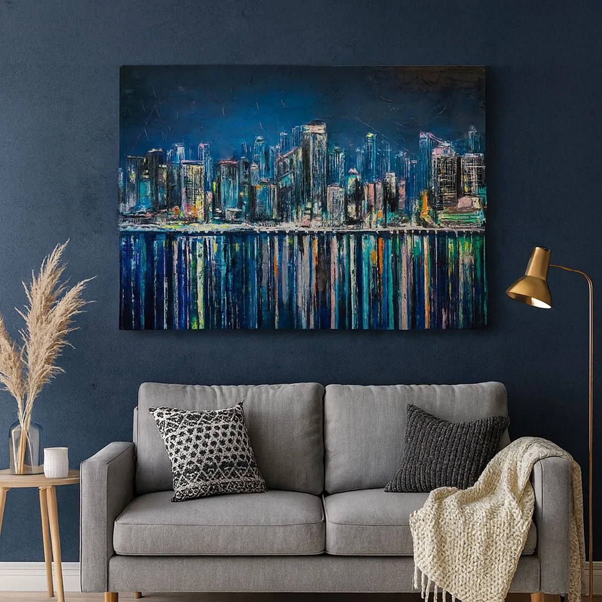 Bild auf Leinwand - Leinwandbild - Panorama der nächtlichen Stadt, die sich im Wasser spiegelt - 70x50cm - Kaskade von Lichtern - Moderne Wanddekoration für Wohnzimmer und Schlafzimmer ARTTOR