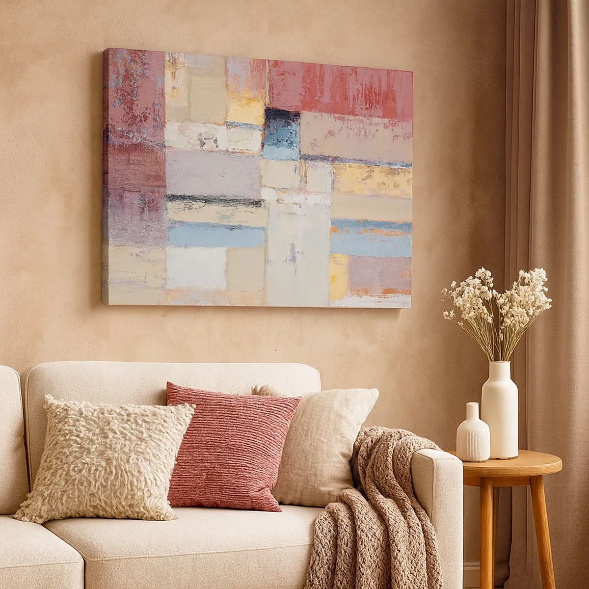 Bild auf Leinwand - Leinwandbild - Geometrische Komposition in Pastellfarben - 70x50cm - Ruhe der Geometrie - Moderne Wanddekoration für Wohnzimmer und Schlafzimmer ARTTOR