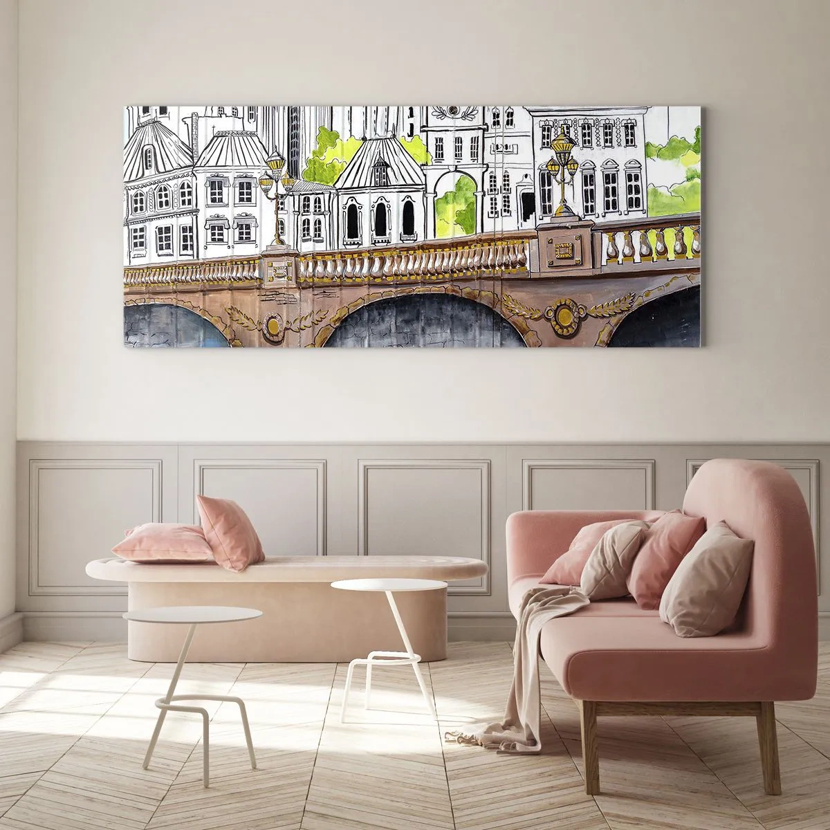 Glasbild - Bild auf glas - Zeichnung der Brücke und historische Stadtarchitektur - 120x50cm - Die Stadt ist gemalt - Moderne Wanddekoration für Wohnzimmer und Schlafzimmer ARTTOR