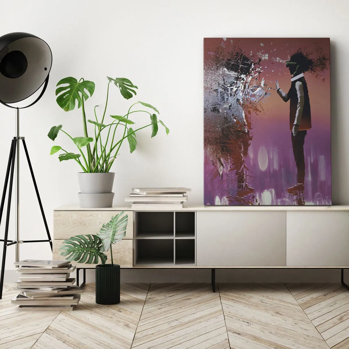 Bild auf Leinwand - Leinwandbild - Eine abstrakte Szene mit einer futuristischen Figur und verstreuten Elementen. - 80x120cm - Kannst du dich selbst anschauen? - Moderne Wanddekoration für Wohnzimmer und Schlafzimmer ARTTOR