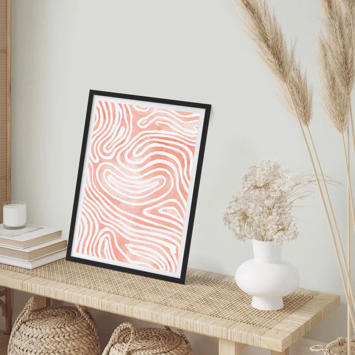 Poster in einem schwarzem Rahmen - Abstrakte Linien in Lachs- und Weißtönen - 50x70cm - Im Korallenlabyrinth - Moderne Wanddekoration für Wohnzimmer und Schlafzimmer ARTTOR
