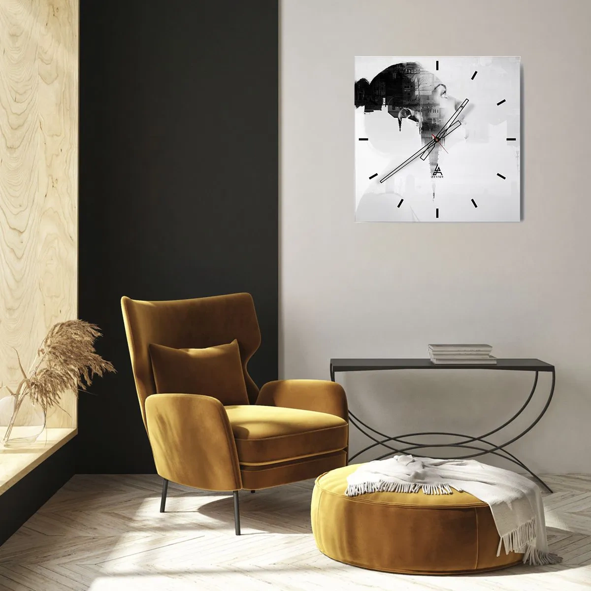Wanduhr - Glasuhr - Porträt einer Frau mit den Umrissen einer Stadt im Hintergrund, schwarz-weiße Farben - 30x30cm - Auf beiden Seiten des Glases - Moderne Wanddekoration für Wohnzimmer und Schlafzimmer ARTTOR