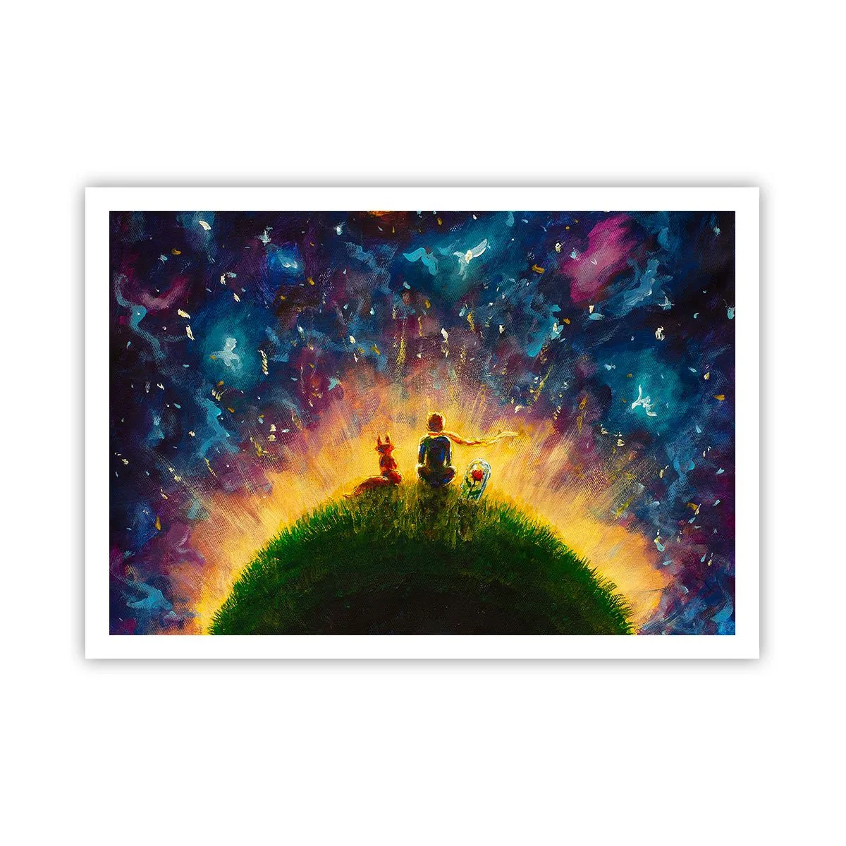 Poster - Figuren auf einem grünen Hügel, umgeben von einem Sternenhimmel - 100x70cm - Liebe und Freundschaft - die ganze Welt - Moderne Wanddekoration für Wohnzimmer und Schlafzimmer ARTTOR