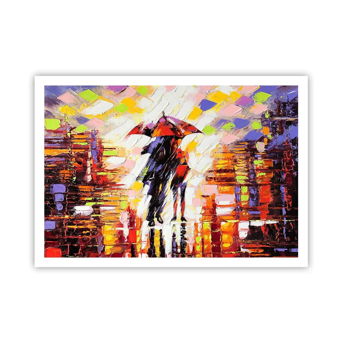 Poster - Eine abstrakte Szene eines Spaziergangs unter einem Regenschirm in einer regnerischen Nacht. - 100x70cm - Gemeinsam durch die Nacht und den Regen - Moderne Wanddekoration für Wohnzimmer und Schlafzimmer ARTTOR