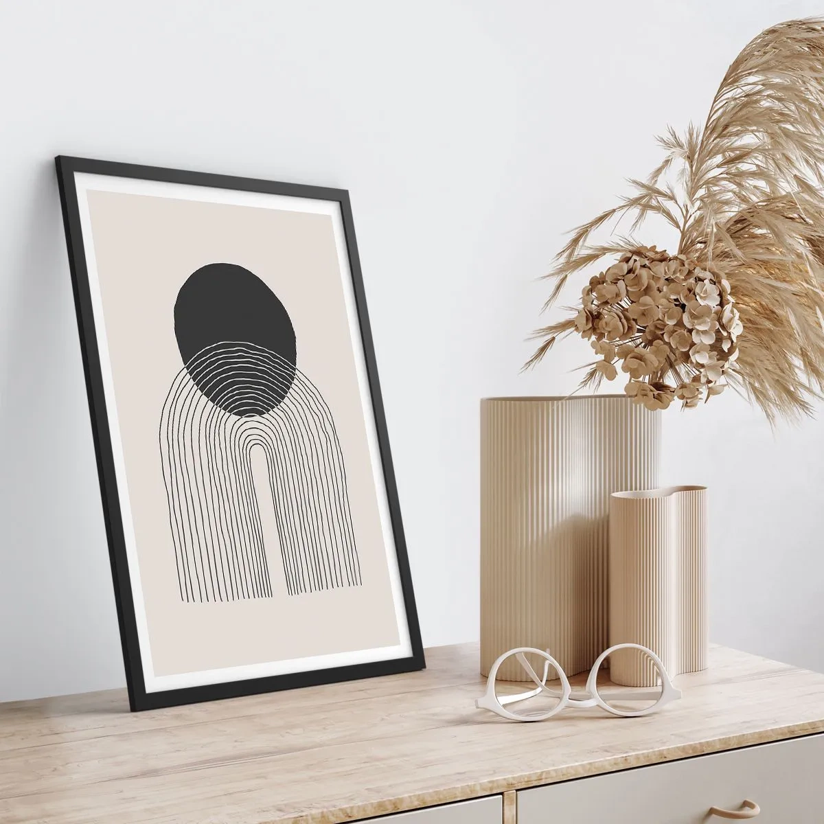 Poster in einem schwarzem Rahmen - Minimalistisches schwarz-weißes Kreis- und Linienmotiv - 50x70cm - Zittern und Vertrauen - Moderne Wanddekoration für Wohnzimmer und Schlafzimmer ARTTOR