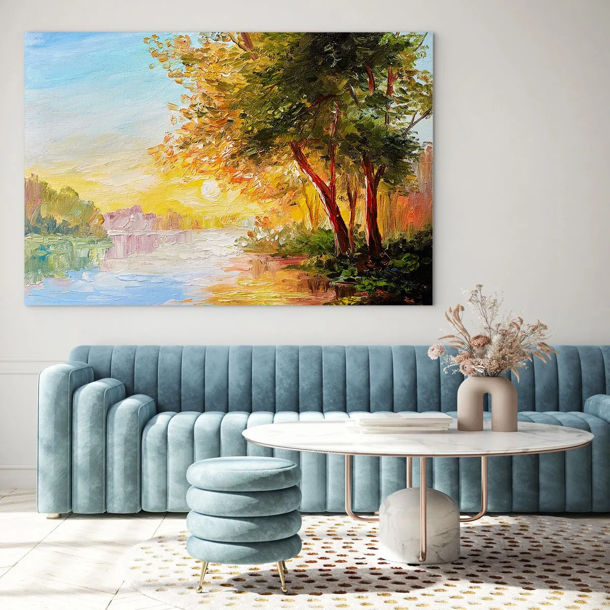 Glasbild - Bild auf glas - See mit Bäumen bei Sonnenuntergang - 120x80cm - Et in Arcadia ego - Moderne Wanddekoration für Wohnzimmer und Schlafzimmer ARTTOR