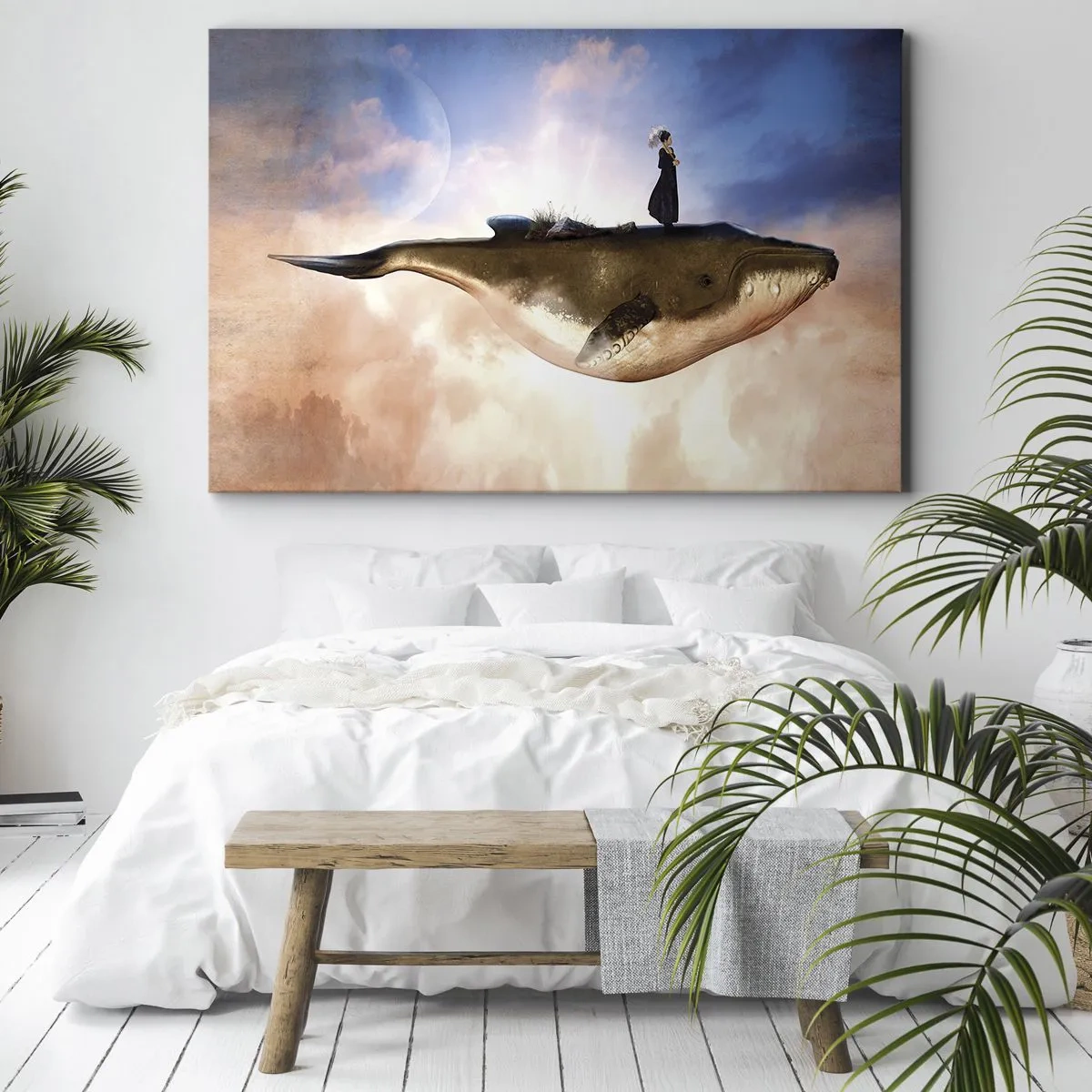Bild auf Leinwand - Leinwandbild - Eine fantastische Szene einer Frau auf einem Wal zwischen den Wolken - 120x80cm - Eine echte Reise - Moderne Wanddekoration für Wohnzimmer und Schlafzimmer ARTTOR